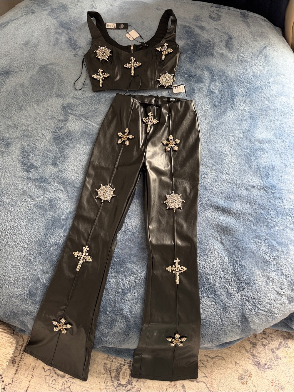 Fashion Nova Black Faux Leather Pants Set - Size S